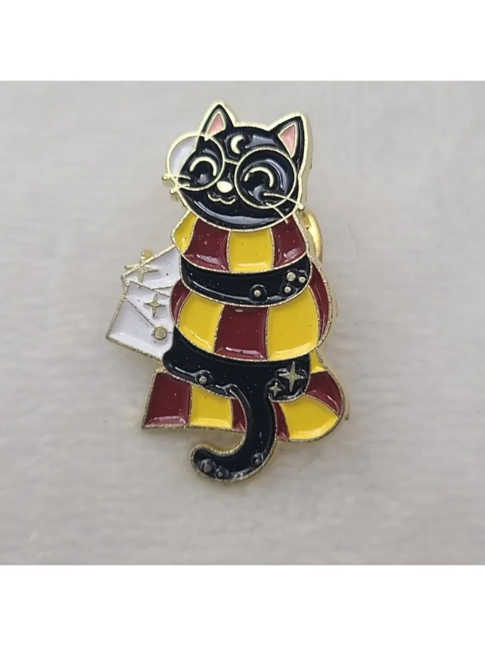 Black Cat Enamel Lapel Pin Red Gold Scarf Wizard Witchy Gothic Style